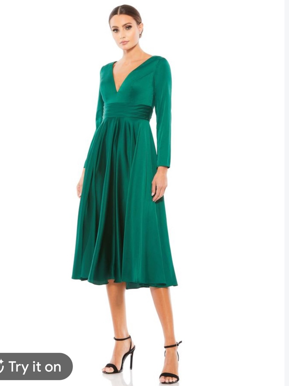 NWT Ieena for Mac Duggal Long-Sleeve Pleated Satin Midi Dress